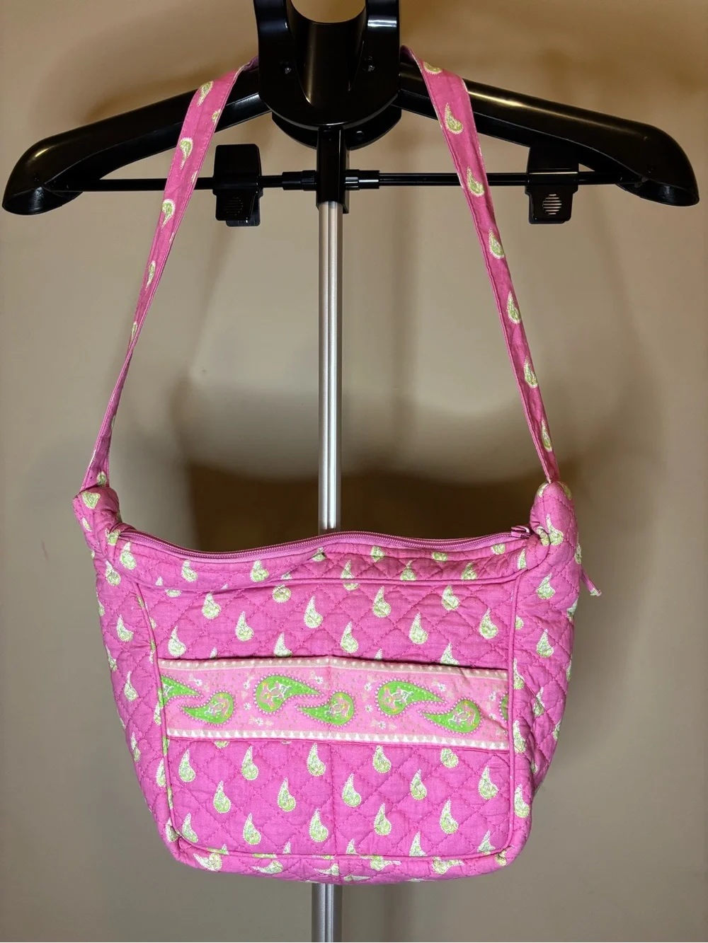 Vintage Pink Green Paisley Quilted Cotton Shoulder Bag Purse Zip Pocket